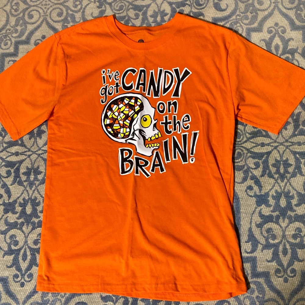 ⭐️⭐️ Youth Orange Halloween T-Shirt - “I’ve got Candy on the BRAIN!” - size XXL